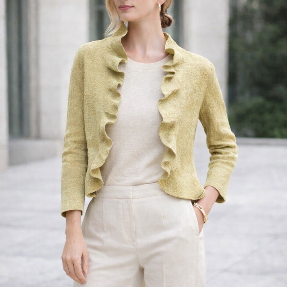 NWT Akris Punto Ruffle Collar Linen Blend Cardigan Chartreuse Green‎ Size 4